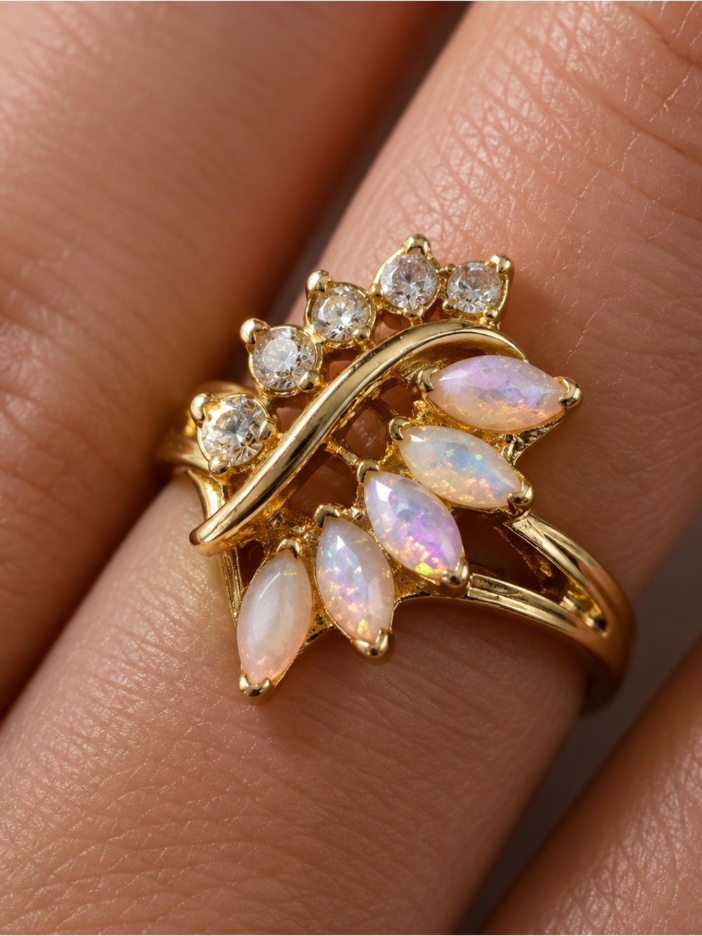 Elegant Gold and Opal Leaf Ring